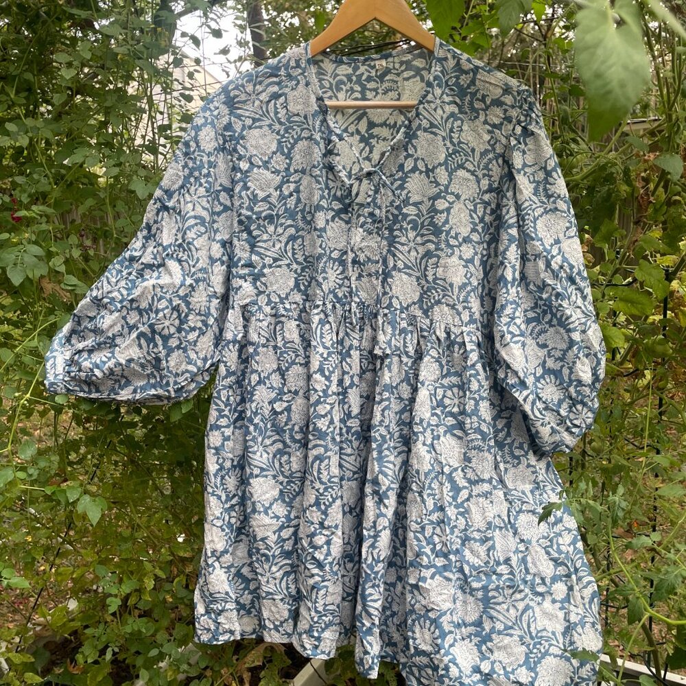Daughters of India Style Blue Block Print Bohemian Cotton Dress XXL